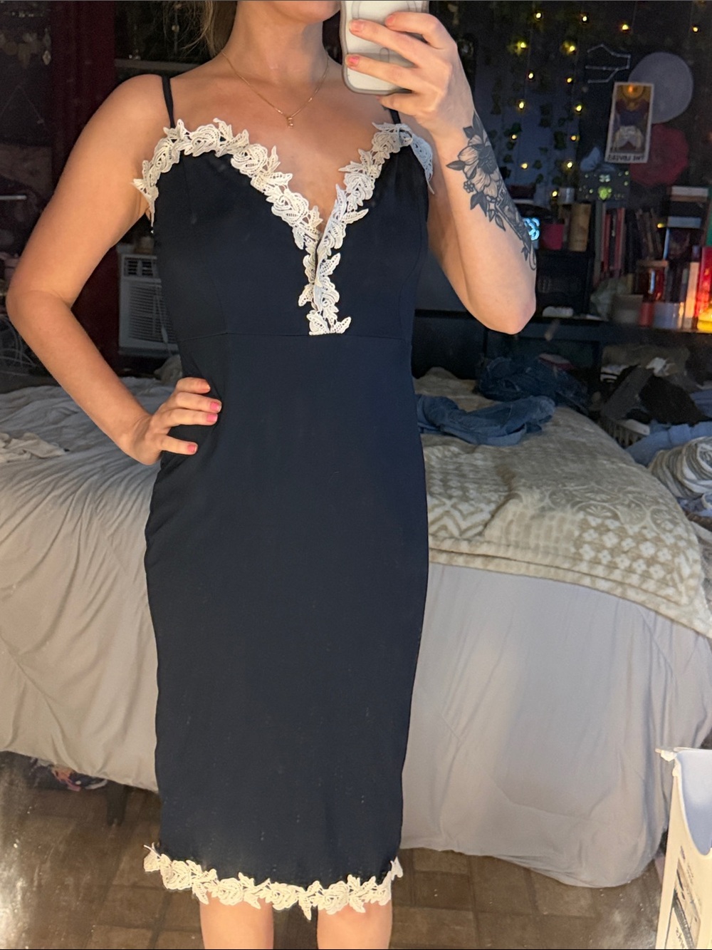 Black Lace-Trim Slip Dress